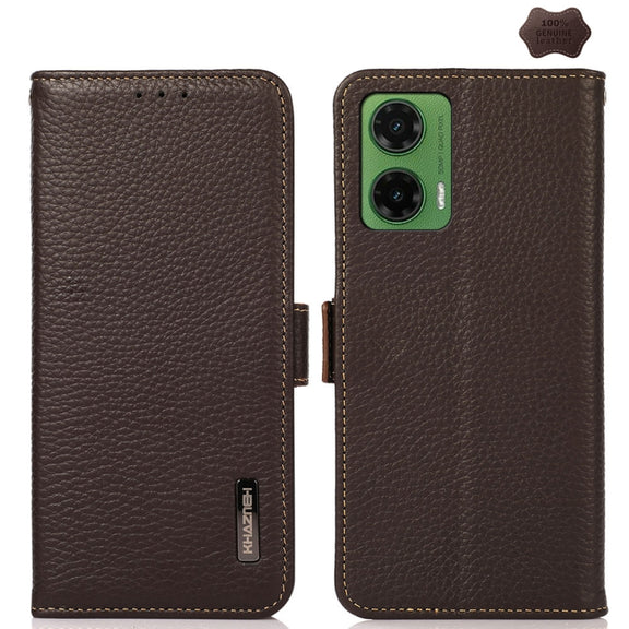 For Motorola Moto G35 KHAZNEH Side-Magnetic Litchi Genuine Leather RFID Phone Case(Brown)