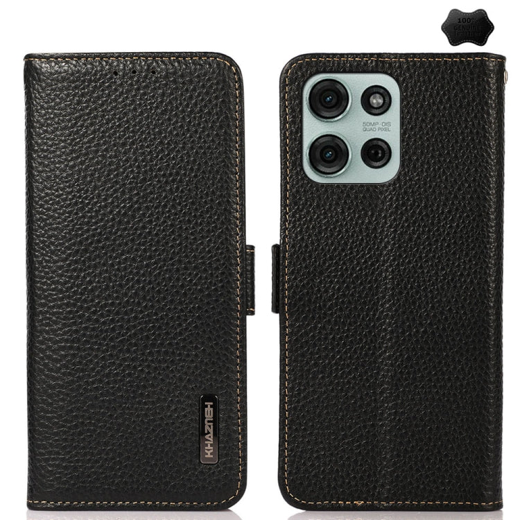 For Motorola Moto G75 5G KHAZNEH Side-Magnetic Litchi Genuine Leather RFID Phone Case(Black) - Motorola Cases by PMC TechLife | Online Shopping South Africa | PMC TechLife | Buy Now Pay Later Mobicred