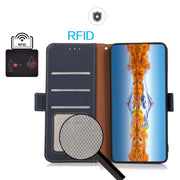 For Motorola Moto G75 5G KHAZNEH Side-Magnetic Litchi Genuine Leather RFID Phone Case(Blue)