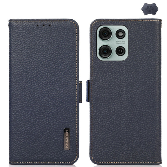 For Motorola Moto G75 5G KHAZNEH Side-Magnetic Litchi Genuine Leather RFID Phone Case(Blue)
