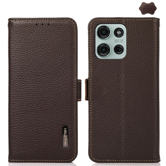 For Motorola Moto G75 5G KHAZNEH Side-Magnetic Litchi Genuine Leather RFID Phone Case(Brown)