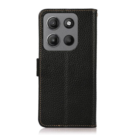 For Motorola Moto G15 4G / G05 KHAZNEH Side-Magnetic Litchi Genuine Leather RFID Phone Case(Black)