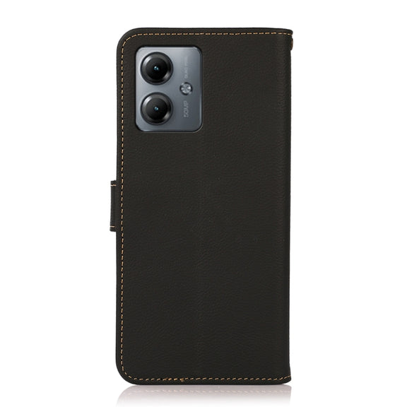 For Motorola Moto G14 4G KHAZNEH Custer Genuine Leather RFID Phone Case(Black)