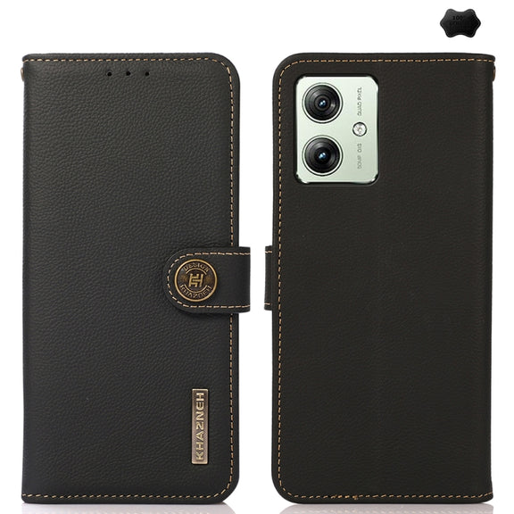 For Motorola Moto G64 5G KHAZNEH Custer Genuine Leather RFID Phone Case(Black)