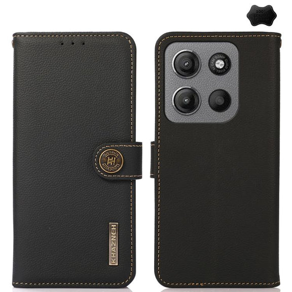 For Motorola Moto G15 4G KHAZNEH Custer Genuine Leather RFID Phone Case(Black)