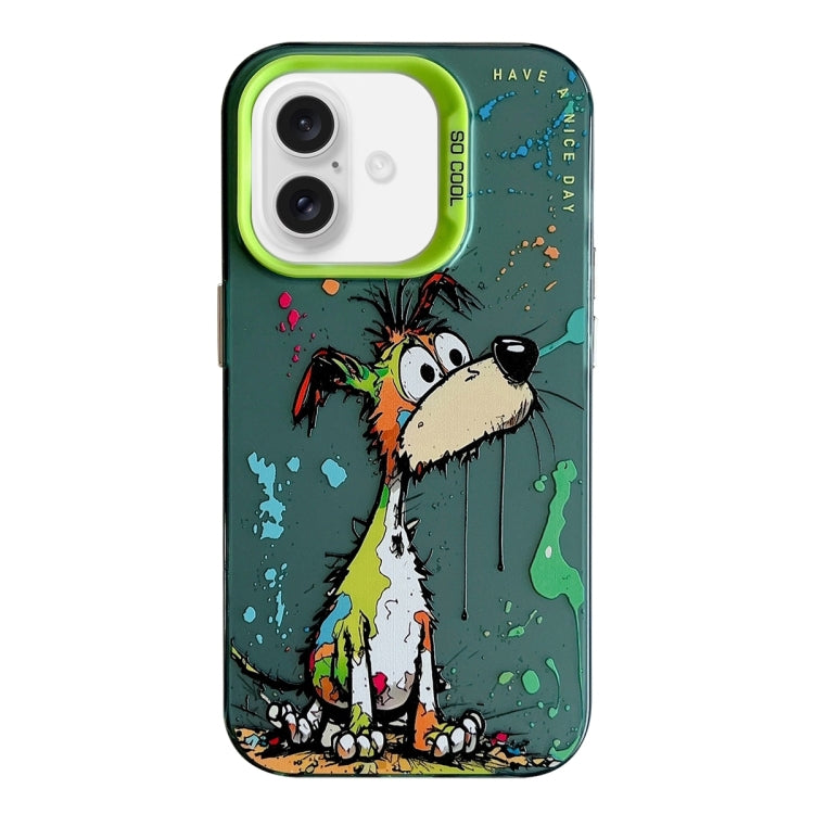For iPhone 16 Animal Pattern Oil Painting Series PC + TPU Phone Case(Green Dog) - iPhone 16 Cases by PMC TechLife | Online Shopping South Africa | PMC TechLife | Buy Now Pay Later Mobicred