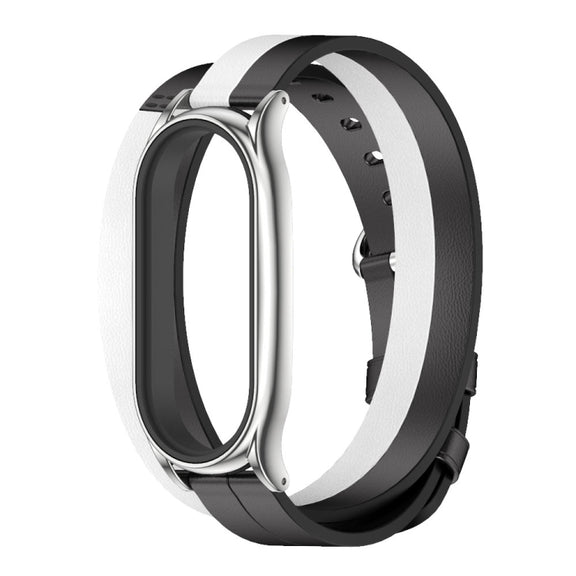 For Xiaomi Mi Band 6 / 5 / 4 / 3 Mijobs Plus Case Double-Loop Leather Watch Band(Black+White+Silver)