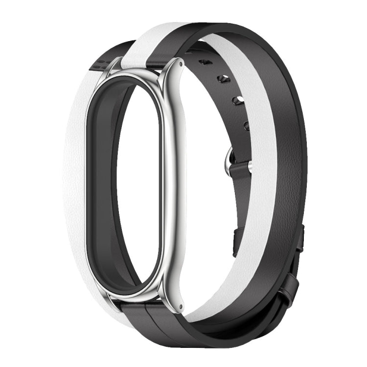 For Xiaomi Mi Band 6 / 5 / 4 / 3 Mijobs Plus Case Double-Loop Leather Watch Band(Black+White+Silver)