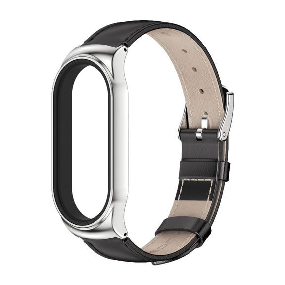 For Xiaomi Mi Band 8 Mijobs CS Case Genuine Leather Top Layer Cowhide Watch Band(Black Silver)