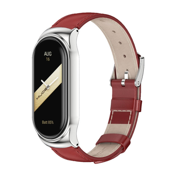 For Xiaomi Mi Band 8 Mijobs CS Case Genuine Leather Top Layer Cowhide Watch Band(Red Silver)
