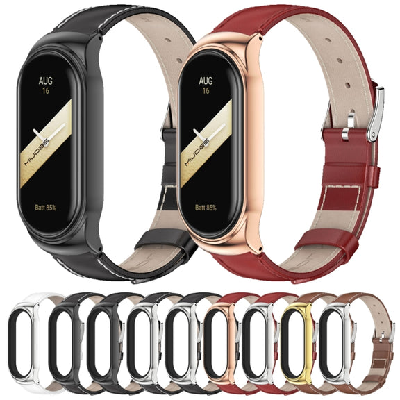 For Xiaomi Mi Band 8 Mijobs CS Case Genuine Leather Top Layer Cowhide Watch Band(Black Silver+White)