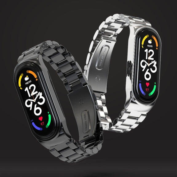 For Xiaomi Mi Band 8 Mijobs CS Case Three Bead Metal Stainless Steel Watch Band(Black)