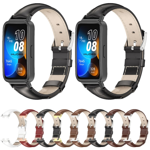 For Huawei Band 8 / 9 / 10 Mijobs Cowhide Leather Watch Band(White Silver)