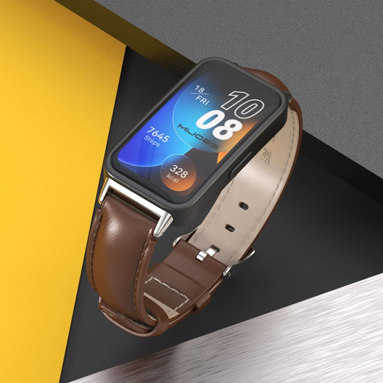 For Huawei Band 8 / 9 / 10 Mijobs Cowhide Leather Watch Band(White Silver)