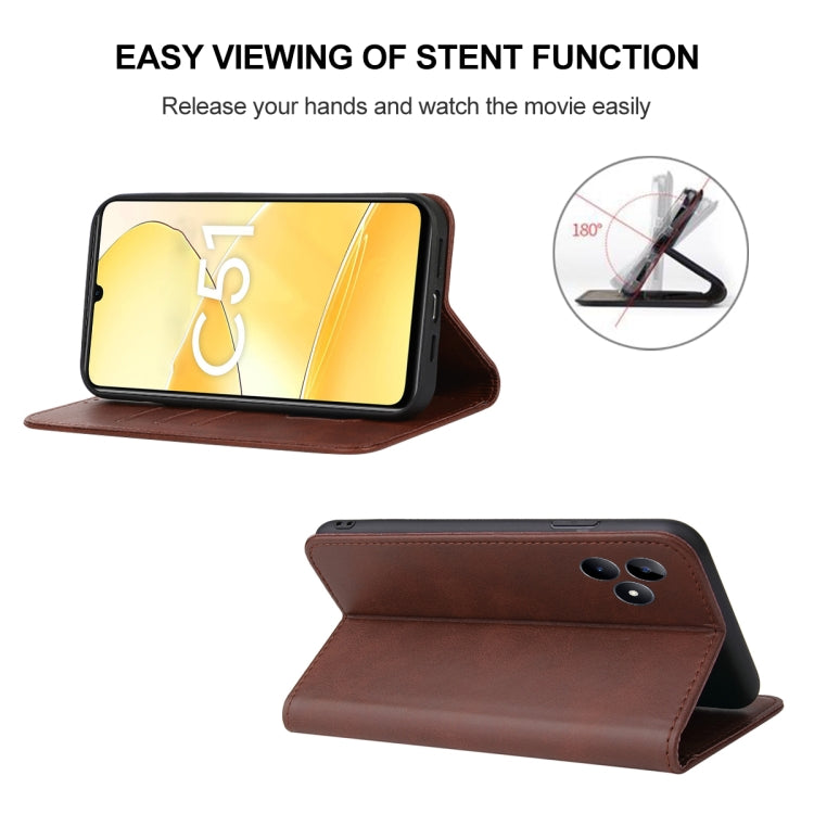 For Realme C51 Magnetic Closure Leather Phone Case(Brown) - Realme Cases by PMC TechLife | Online Shopping South Africa | PMC TechLife | Buy Now Pay Later Mobicred
