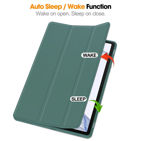 For Samsung Galaxy Tab S9 3-Fold Pure Color TPU Smart Leather Tablet Case with Pen Slot(Dark Green)