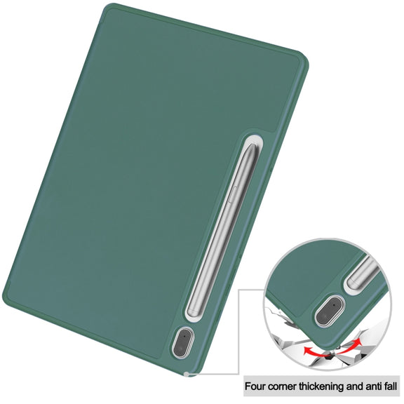 For Samsung Galaxy Tab S9 3-Fold Pure Color TPU Smart Leather Tablet Case with Pen Slot(Dark Green)