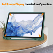 For Samsung Galaxy Tab S9 3-Fold Pure Color TPU Smart Leather Tablet Case with Pen Slot(Dark Green)