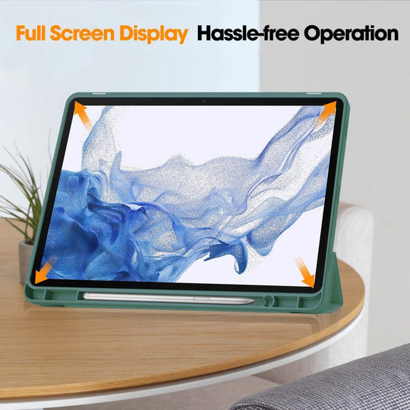 For Samsung Galaxy Tab S9 3-Fold Pure Color TPU Smart Leather Tablet Case with Pen Slot(Dark Green)
