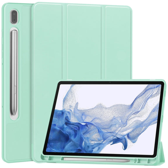 For Samsung Galaxy Tab S9 3-Fold Pure Color TPU Smart Leather Tablet Case with Pen Slot(Mint Green)