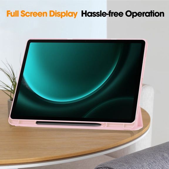 For Samsung Galaxy Tab S9 FE+ / S10+ 3-Fold Pure Color TPU Smart Leather Tablet Case with Pen Slot(Pink)
