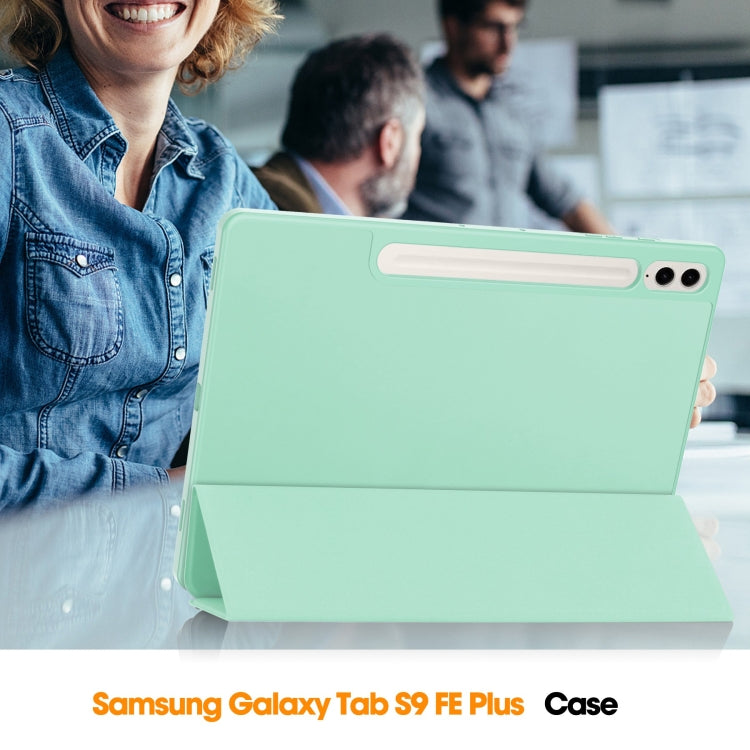 For Samsung Galaxy Tab S9 FE+ / S10+ 3-Fold Pure Color TPU Smart Leather Tablet Case with Pen Slot(Mint Green)