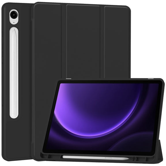 For Samsung Galaxy Tab S9 FE 3-Fold Pure Color TPU Smart Leather Tablet Case with Pen Slot(Black)