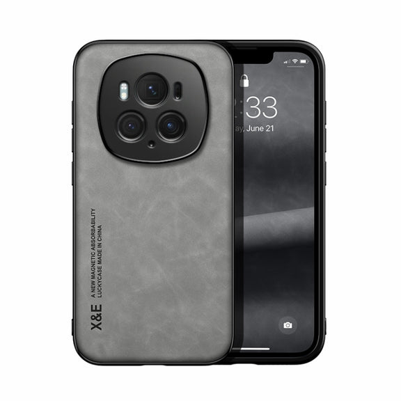 For Honor Magic6 Pro Skin Feel Magnetic Leather Back Phone Case(Light Grey)