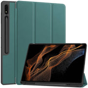 For Samsung Galaxy Tab S10 Ultra / S9 Ultra 3-Fold Pure Color TPU Smart Leather Tablet Case with Pen Slot(Dark Green)