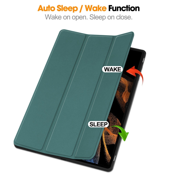 For Samsung Galaxy Tab S10 Ultra / S9 Ultra 3-Fold Pure Color TPU Smart Leather Tablet Case with Pen Slot(Dark Green)