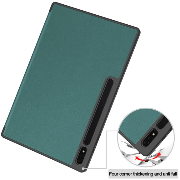 For Samsung Galaxy Tab S10 Ultra / S9 Ultra 3-Fold Pure Color TPU Smart Leather Tablet Case with Pen Slot(Dark Green)