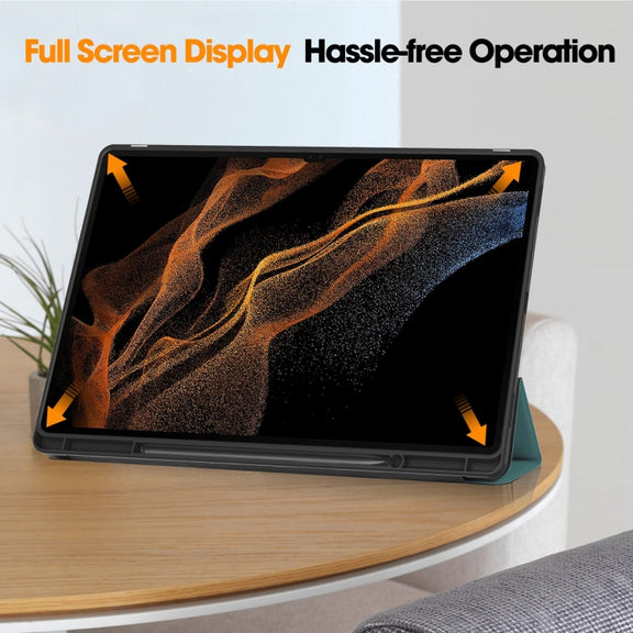 For Samsung Galaxy Tab S10 Ultra / S9 Ultra 3-Fold Pure Color TPU Smart Leather Tablet Case with Pen Slot(Dark Green)