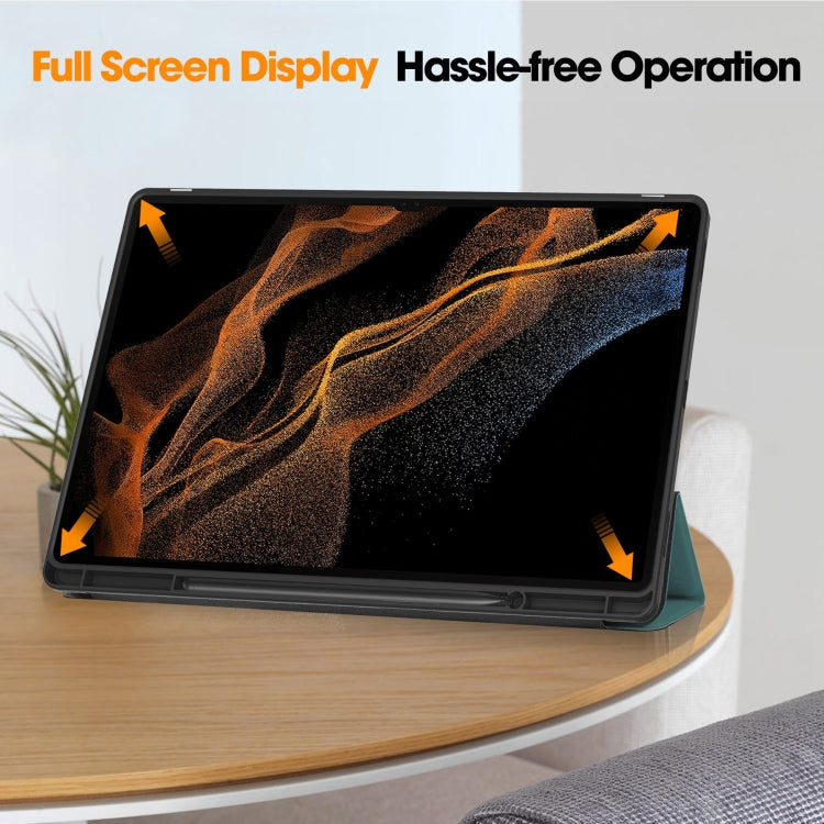 For Samsung Galaxy Tab S10 Ultra / S9 Ultra 3-Fold Pure Color TPU Smart Leather Tablet Case with Pen Slot(Dark Green)