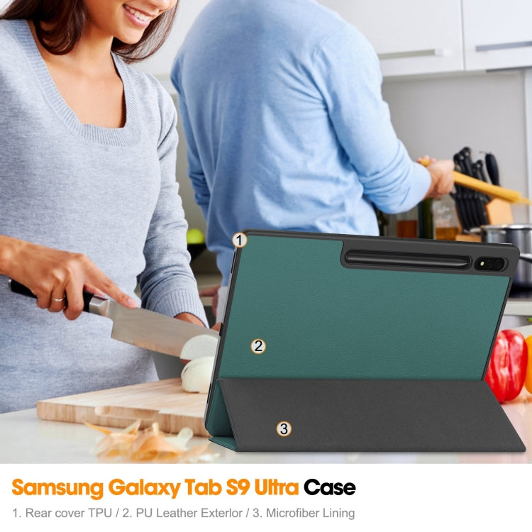 For Samsung Galaxy Tab S10 Ultra / S9 Ultra 3-Fold Pure Color TPU Smart Leather Tablet Case with Pen Slot(Dark Green)
