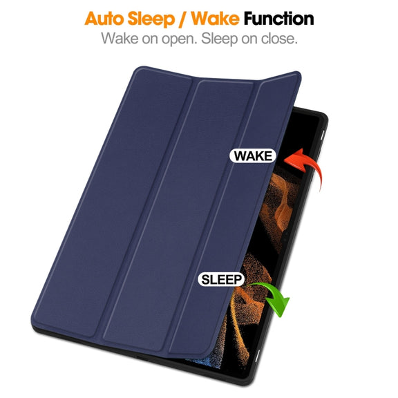 For Samsung Galaxy Tab S10 Ultra / S9 Ultra 3-Fold Pure Color TPU Smart Leather Tablet Case with Pen Slot(Dark Blue)