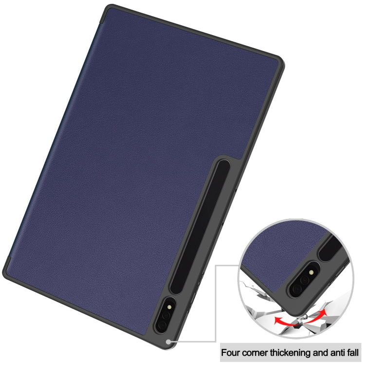 For Samsung Galaxy Tab S10 Ultra / S9 Ultra 3-Fold Pure Color TPU Smart Leather Tablet Case with Pen Slot(Dark Blue)