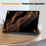 For Samsung Galaxy Tab S10 Ultra / S9 Ultra 3-Fold Pure Color TPU Smart Leather Tablet Case with Pen Slot(Dark Blue)