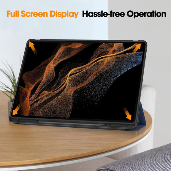 For Samsung Galaxy Tab S10 Ultra / S9 Ultra 3-Fold Pure Color TPU Smart Leather Tablet Case with Pen Slot(Dark Blue)