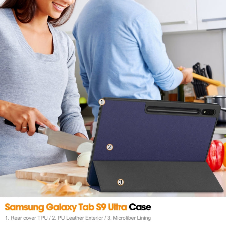 For Samsung Galaxy Tab S10 Ultra / S9 Ultra 3-Fold Pure Color TPU Smart Leather Tablet Case with Pen Slot(Dark Blue)
