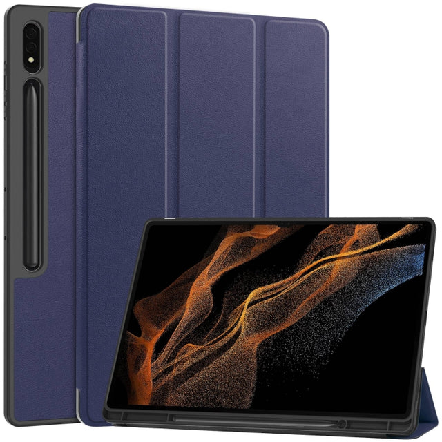 For Samsung Galaxy Tab S10 Ultra / S9 Ultra 3-Fold Pure Color TPU Smart Leather Tablet Case with Pen Slot(Dark Blue)