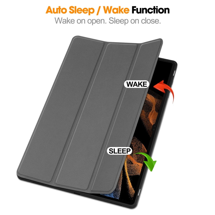 For Samsung Galaxy Tab S10 Ultra / S9 Ultra 3-Fold Pure Color TPU Smart Leather Tablet Case with Pen Slot(Grey)