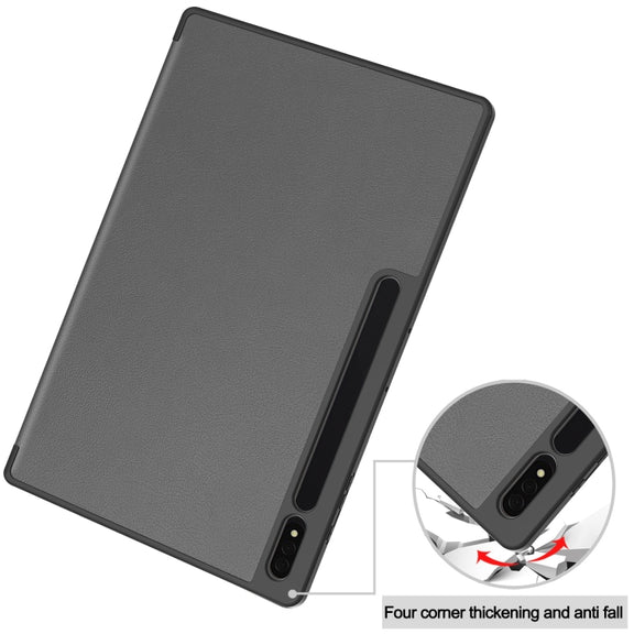 For Samsung Galaxy Tab S10 Ultra / S9 Ultra 3-Fold Pure Color TPU Smart Leather Tablet Case with Pen Slot(Grey)