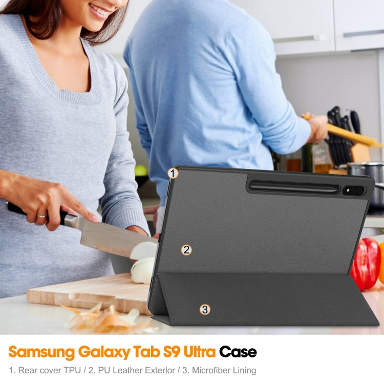 For Samsung Galaxy Tab S10 Ultra / S9 Ultra 3-Fold Pure Color TPU Smart Leather Tablet Case with Pen Slot(Grey)