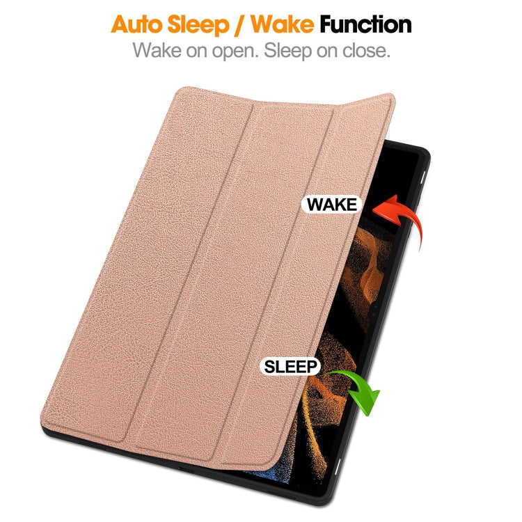 For Samsung Galaxy Tab S10 Ultra / S9 Ultra 3-Fold Pure Color TPU Smart Leather Tablet Case with Pen Slot(Rose Gold)
