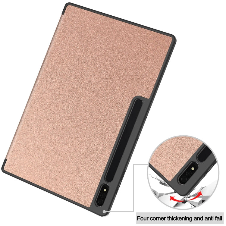 For Samsung Galaxy Tab S10 Ultra / S9 Ultra 3-Fold Pure Color TPU Smart Leather Tablet Case with Pen Slot(Rose Gold)