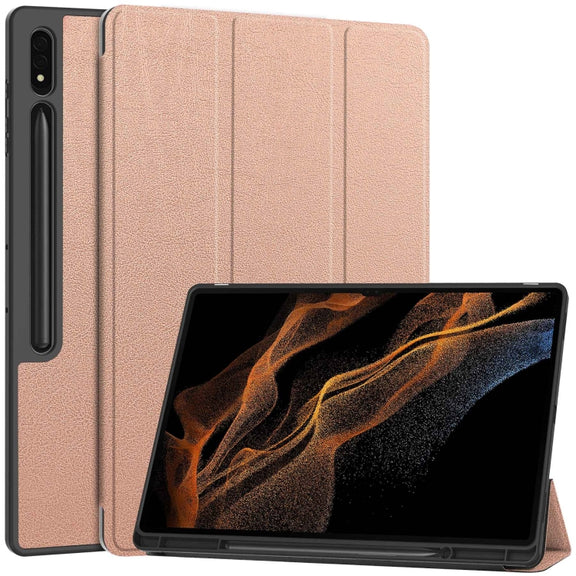 For Samsung Galaxy Tab S10 Ultra / S9 Ultra 3-Fold Pure Color TPU Smart Leather Tablet Case with Pen Slot(Rose Gold)
