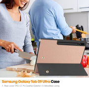 For Samsung Galaxy Tab S10 Ultra / S9 Ultra 3-Fold Pure Color TPU Smart Leather Tablet Case with Pen Slot(Rose Gold)