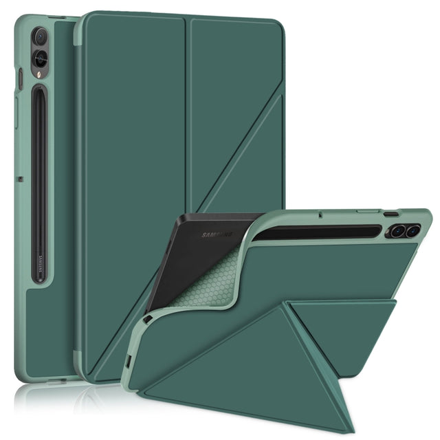 For Samsung Galaxy Tab S9 Cloth Texture Multi-folding Horizontal Flip Leather Tablet Case(Dark Green)