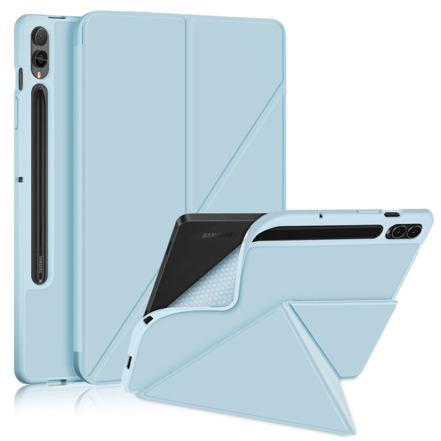 For Samsung Galaxy Tab S9 Cloth Texture Multi-folding Horizontal Flip Leather Tablet Case(Sky Blue)