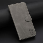 For iPhone 16e Embossed Happy Cat Pattern Flip Leather Phone Case(Grey)